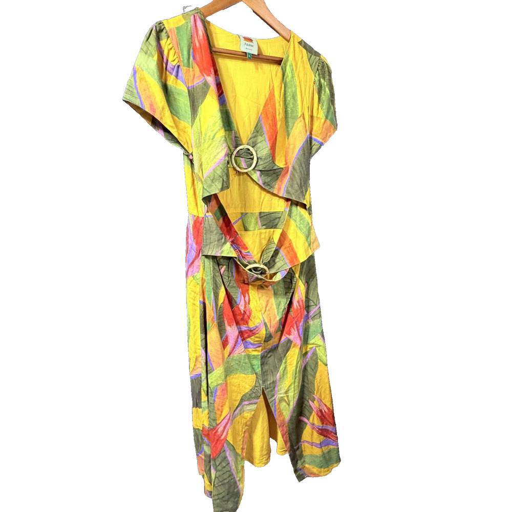 Farm Rio Yellow Tropical Leaf O-Ring Cut Out Midi Dress Resortwear Boho SZ XL - Picture 14 of 15